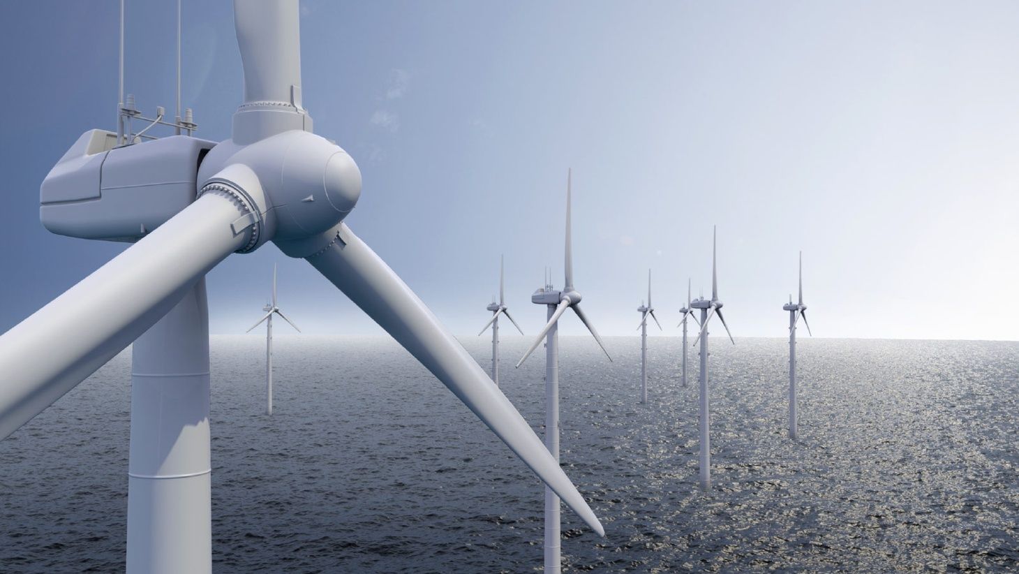 Ein Windpark mit mehreren Windrädern im Meer
